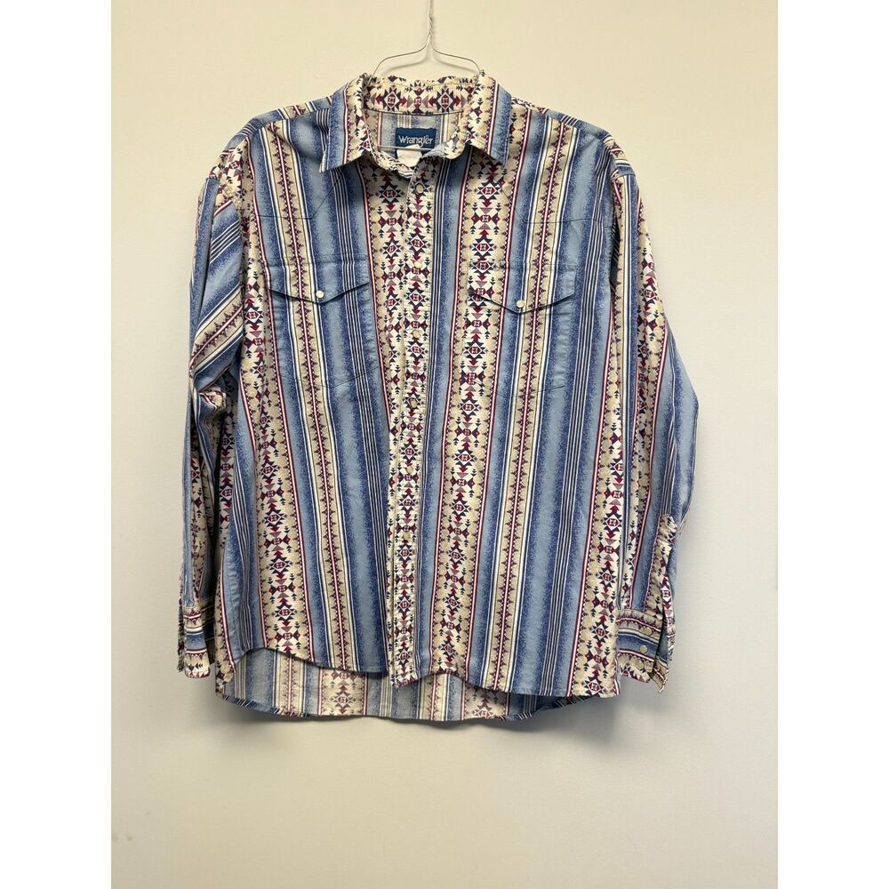 Wrangler Western Shirt Mens XL Aztec Southwestern Pearl Snap Long Sleeve Vintage